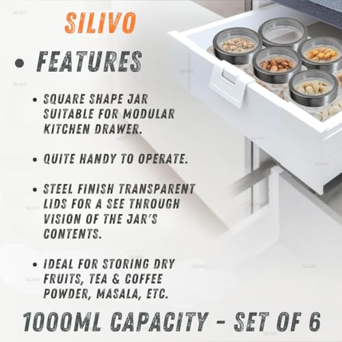 SILIVO Glass Square Shape Jars with Steel See-Through Lid [Set Of 6, 1000ml] - Airtight Kitchen Storage Glass Containers for Kitchen Pantry, Snacks, Masala, Pickles, Dry Fruits & Coffee Beans - Image 2