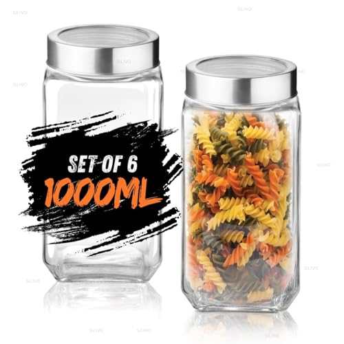 SILIVO Glass Square Shape Jars with Steel See-Through Lid [Set Of 6, 1000ml] - Airtight Kitchen Storage Glass Containers for Kitchen Pantry, Snacks, Masala, Pickles, Dry Fruits & Coffee Beans - Image 3