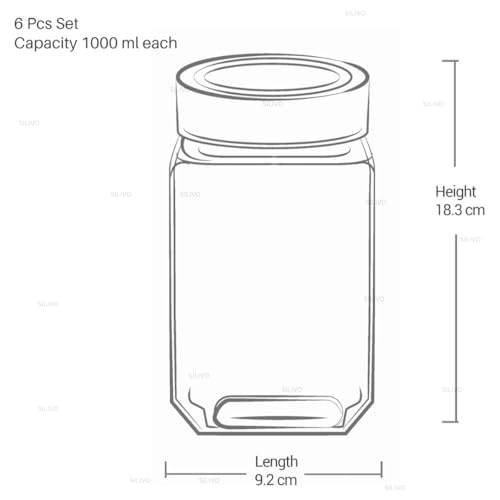 SILIVO Glass Square Shape Jars with Steel See-Through Lid [Set Of 6, 1000ml] - Airtight Kitchen Storage Glass Containers for Kitchen Pantry, Snacks, Masala, Pickles, Dry Fruits & Coffee Beans - Image 4
