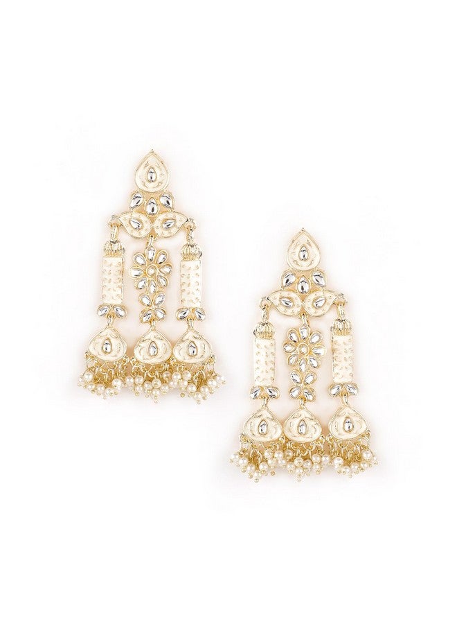 Rubans Rubans 22K Gold Plated Handcrafted Kundan Studded Pearl Beaded White Enamelled Floral Chandelier Earrings for Women and Girls Stylish and Premium, Perfect for Festive & Wedding Occasions - Image 1