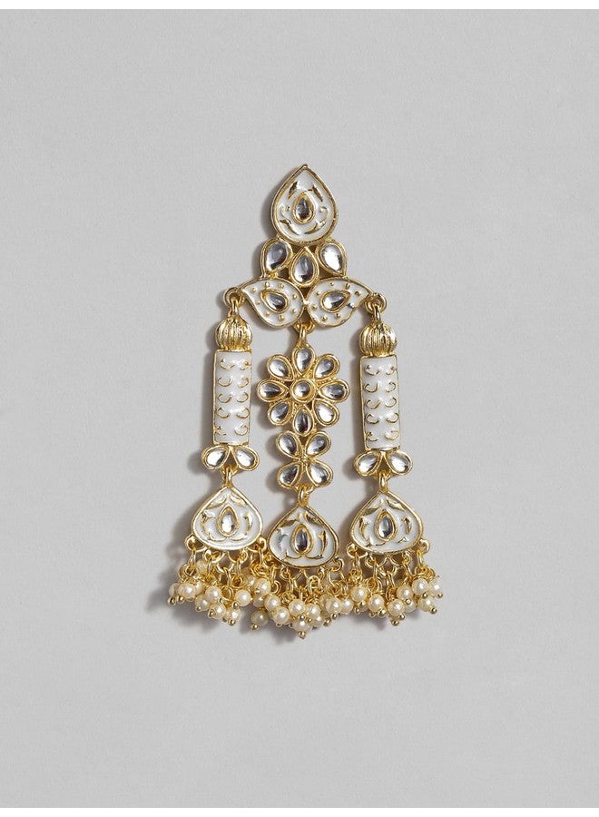 Rubans Rubans 22K Gold Plated Handcrafted Kundan Studded Pearl Beaded White Enamelled Floral Chandelier Earrings for Women and Girls Stylish and Premium, Perfect for Festive & Wedding Occasions - Image 3
