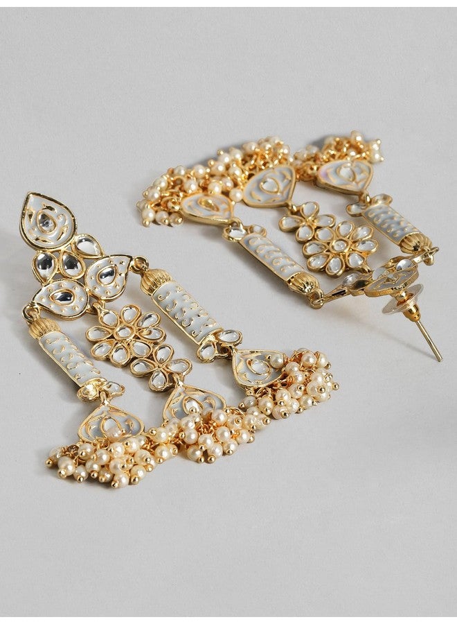 Rubans Rubans 22K Gold Plated Handcrafted Kundan Studded Pearl Beaded White Enamelled Floral Chandelier Earrings for Women and Girls Stylish and Premium, Perfect for Festive & Wedding Occasions - Image 2
