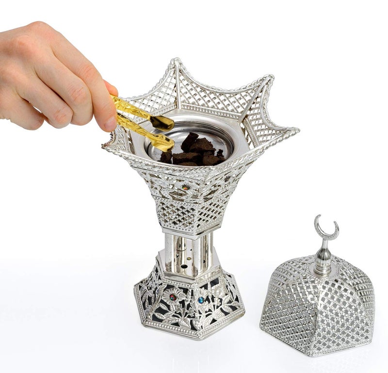 AM Bakhoor Charcoal Incense Burner â€“ Luxury Gold Frankincense Resin Burner for Oud, Bakhoor, Incense Sticks & Cones â€“ Decorative Metal Holder with Removable Lid & Safe Flame Control (Silver) - Image 2