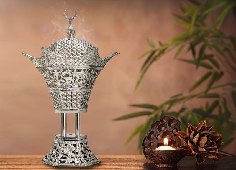 AM Bakhoor Charcoal Incense Burner â€“ Luxury Gold Frankincense Resin Burner for Oud, Bakhoor, Incense Sticks & Cones â€“ Decorative Metal Holder with Removable Lid & Safe Flame Control (Silver) - Image 4