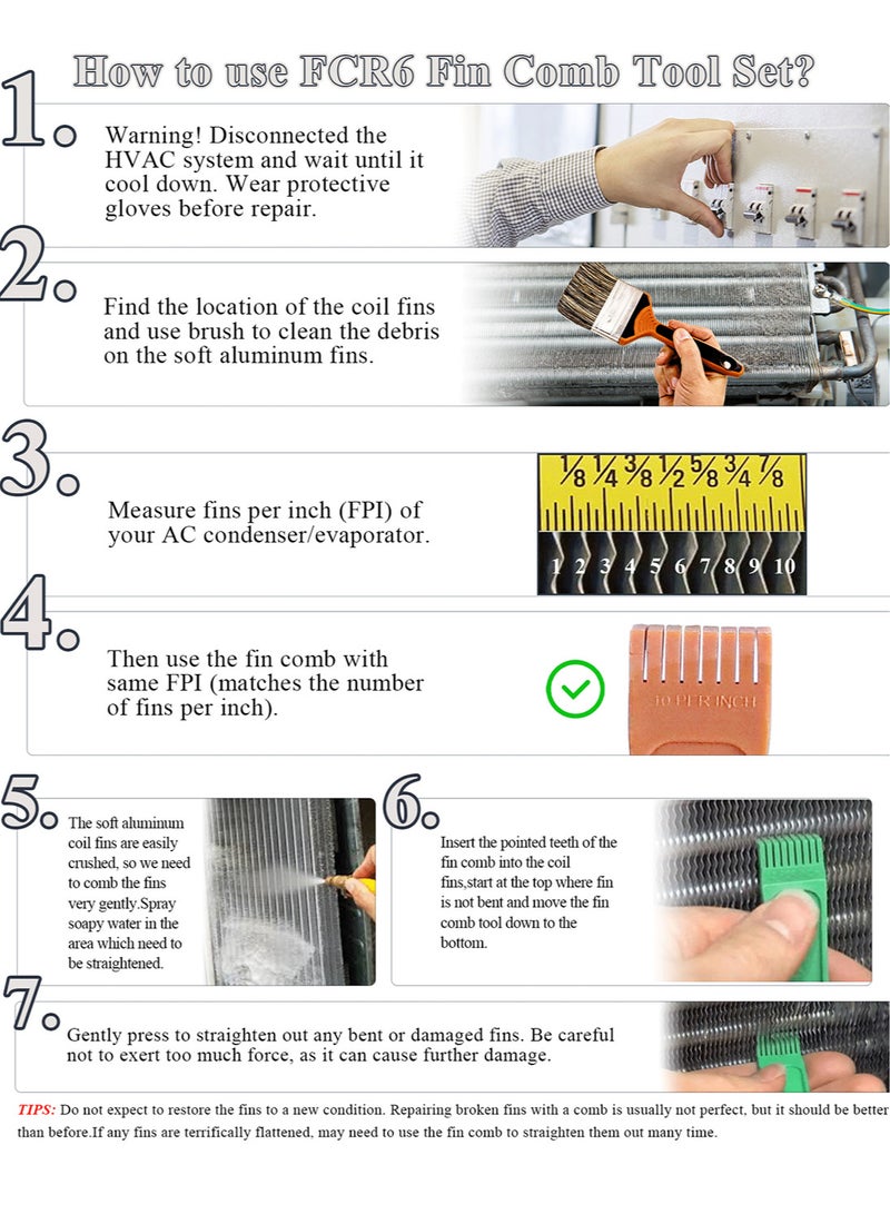 Generic 6pcs FCR6 Ring Fin Comb Tool Set Cleaning Brush Coil Condenser Brush Clean for Air Conditioner Straighten A/C Evaporator  - Image 5