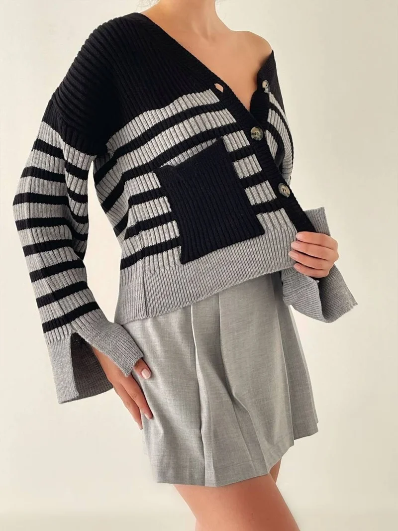 Afa Striped Knitted Cardigan - Pocket and Sleeve Detail