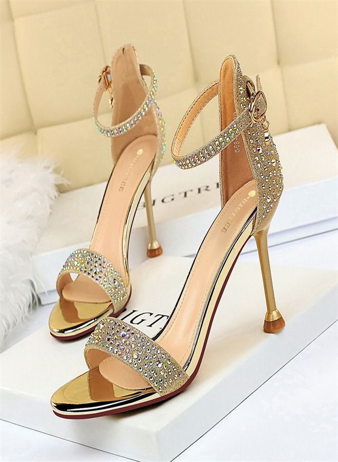 BIGTREE Rhinestone Slotted High-Heeled Sandals 8.5CM Gold 