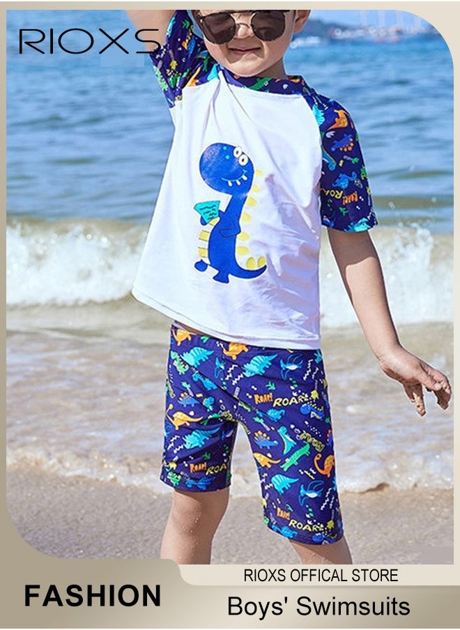 RIOXS Boys Rash Guard Swimsuits Set, Watersports Clothing For Toddlers Kids Boys, Dinosaur Rash Guard Swimwear, Comfy Top And Shorts With Swimming Goggles, Bathing Cap And Earplugs  - Image 1