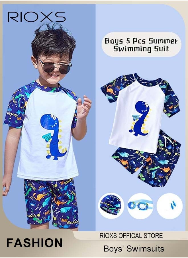 RIOXS Boys Rash Guard Swimsuits Set, Watersports Clothing For Toddlers Kids Boys, Dinosaur Rash Guard Swimwear, Comfy Top And Shorts With Swimming Goggles, Bathing Cap And Earplugs  - Image 2