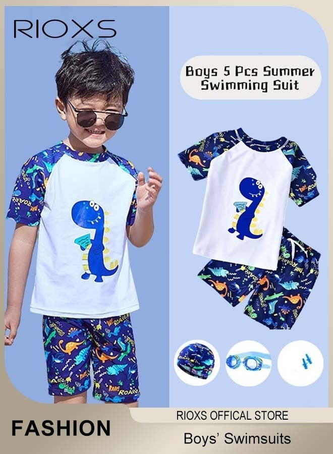 RIOXS 5 Pcs Boys Rash Guard Swimsuit Set, Watersports Clothing Set Including Short Sleeve Dinosaur T-Shirt, Dinosaur Shorts, Swimming Goggles, Bathing Cap and Earplugs, Lightweight Breathabel Stretch Sun Protection Swimwear for Toddlers Kids Boys, Comfy Dinosaur Rash Guard Quick Dry Bathing Suit for Swimming, Beach, Water Park, Pool, Lake, Swim Lessons and Beyond - Image 1