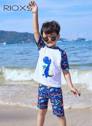 5 Pcs Boys Rash Guard Swimsuit Set, Watersports Clothing Set Including Short Sleeve Dinosaur T-Shirt, Dinosaur Shorts, Swimming Goggles, Bathing Cap and Earplugs, Lightweight Breathabel Stretch Sun Protection Swimwear for Toddlers Kids Boys, Comfy Dinosaur Rash Guard Quick Dry Bathing Suit for Swimming, Beach, Water Park, Pool, Lake, Swim Lessons and Beyond - view 2