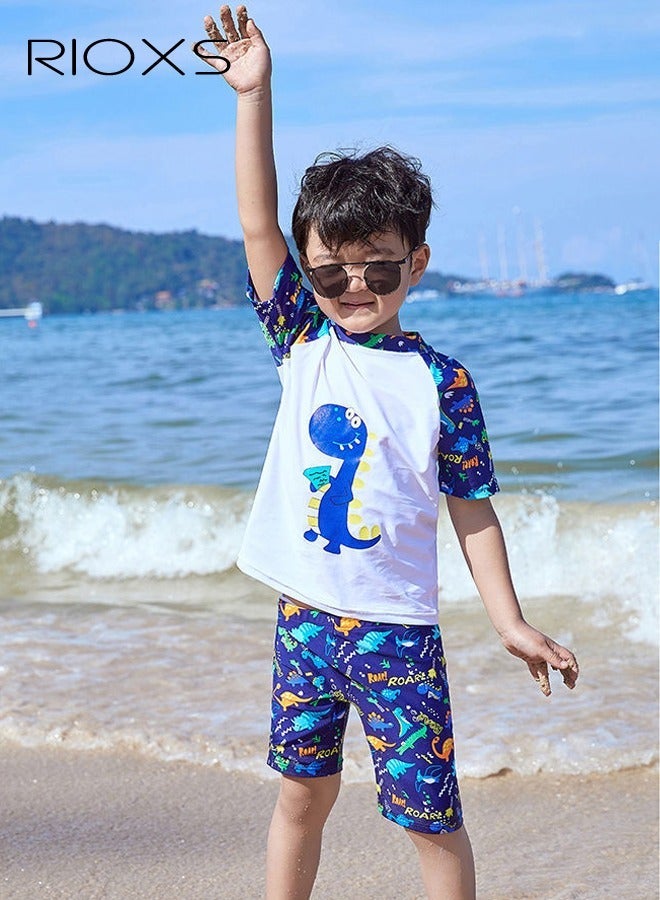 RIOXS 5 Pcs Boys Rash Guard Swimsuit Set, Watersports Clothing Set Including Short Sleeve Dinosaur T-Shirt, Dinosaur Shorts, Swimming Goggles, Bathing Cap and Earplugs, Lightweight Breathabel Stretch Sun Protection Swimwear for Toddlers Kids Boys, Comfy Dinosaur Rash Guard Quick Dry Bathing Suit for Swimming, Beach, Water Park, Pool, Lake, Swim Lessons and Beyond - Image 2
