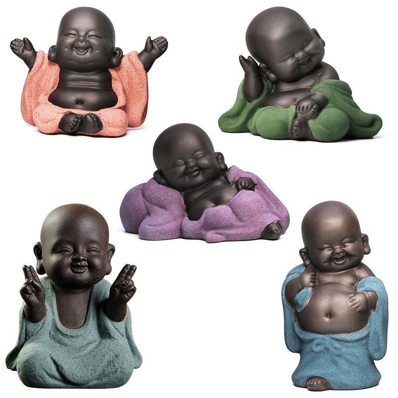 Kingzhuo A Collection of Cutie 5 Smiling Buddhas Laughing Buddha Statue Adorable Monk Figurines 5 Lovely Little Buddha Cutest Baby Buddha Great Details Giftable Make You Happy