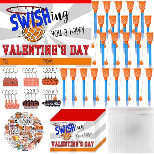 Gosodeny 24 Pack Basketball Party Favor Set with Mini Hoop Pens Keychains Stickers Exchange Cards and Gift Bags Bulk Gifts Sports Birthday Goodie Bag Fillers for Adult - Image 1