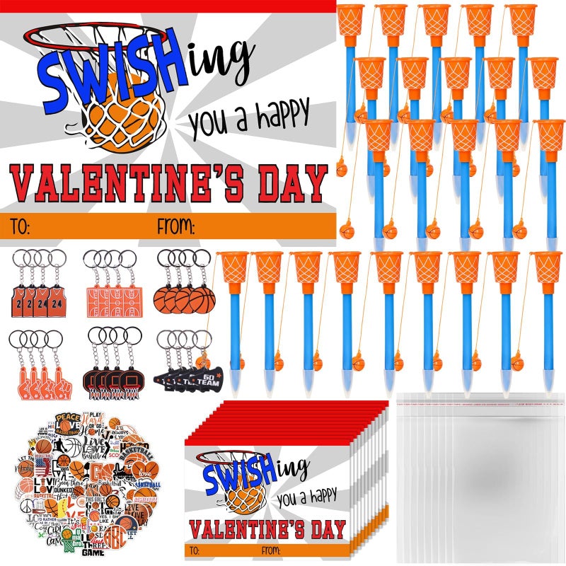 Gosodeny 24 Pack Basketball Party Favor Set with Mini Hoop Pens Keychains Stickers Exchange Cards and Gift Bags Bulk Gifts Sports Birthday Goodie Bag Fillers for Adult - Image 3