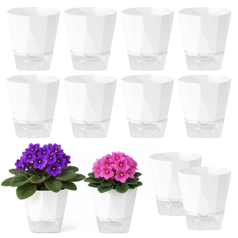 Planterhoma 12 Pack Self Watering Pots for Indoor Plants, 5 Inches Self Watering Planters Small African Violet Self Watering Clear Pots for Plants Herb Orchid Flower Houseplant Pots, White - Image 1