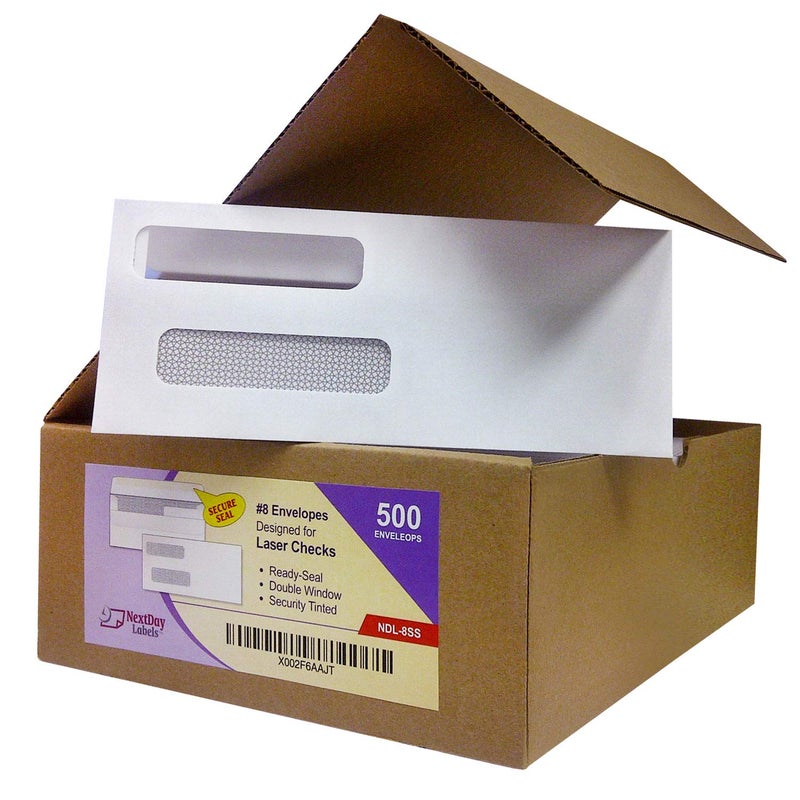 NextDayLabels - Box of 500# 8 Self Seal Double Window Security Check Envelopes - Image 1
