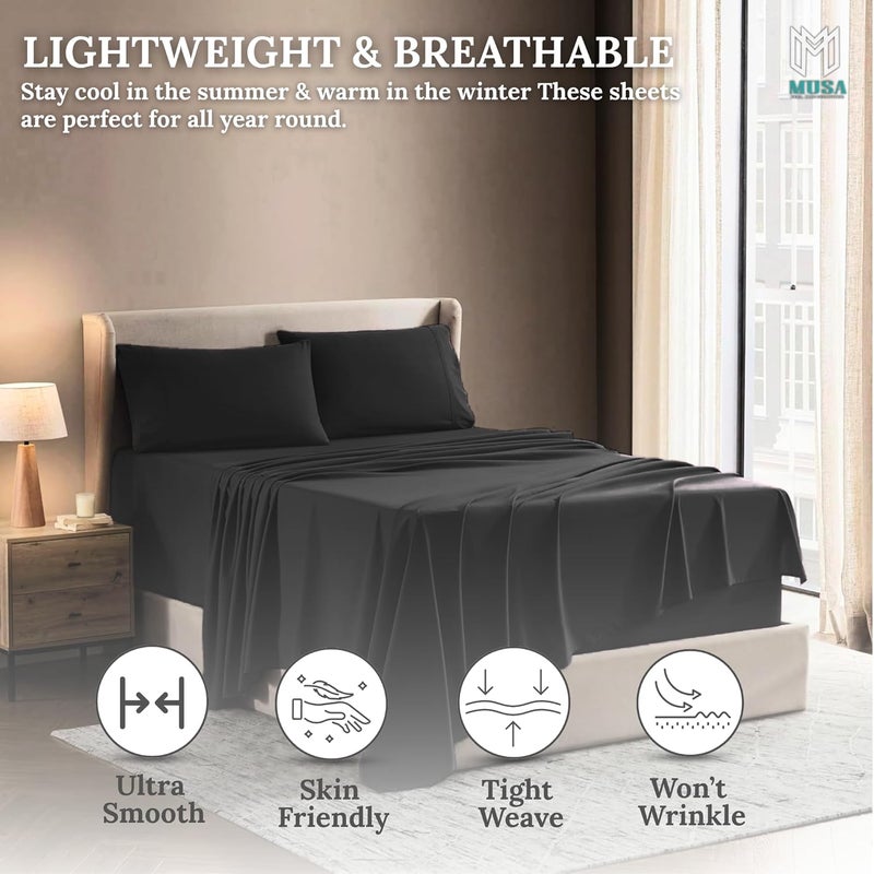 MUSA MUSA® Deep Pockets Fitted Sheet with 100% Cotton TC Luxury Bedding Set & Wrinkle-Free for Bedrooms, Dorms & Home Decor | Elastic Closure For Deep Mattress & Secure Fit (Black, 160 x 200cm) - Image 3