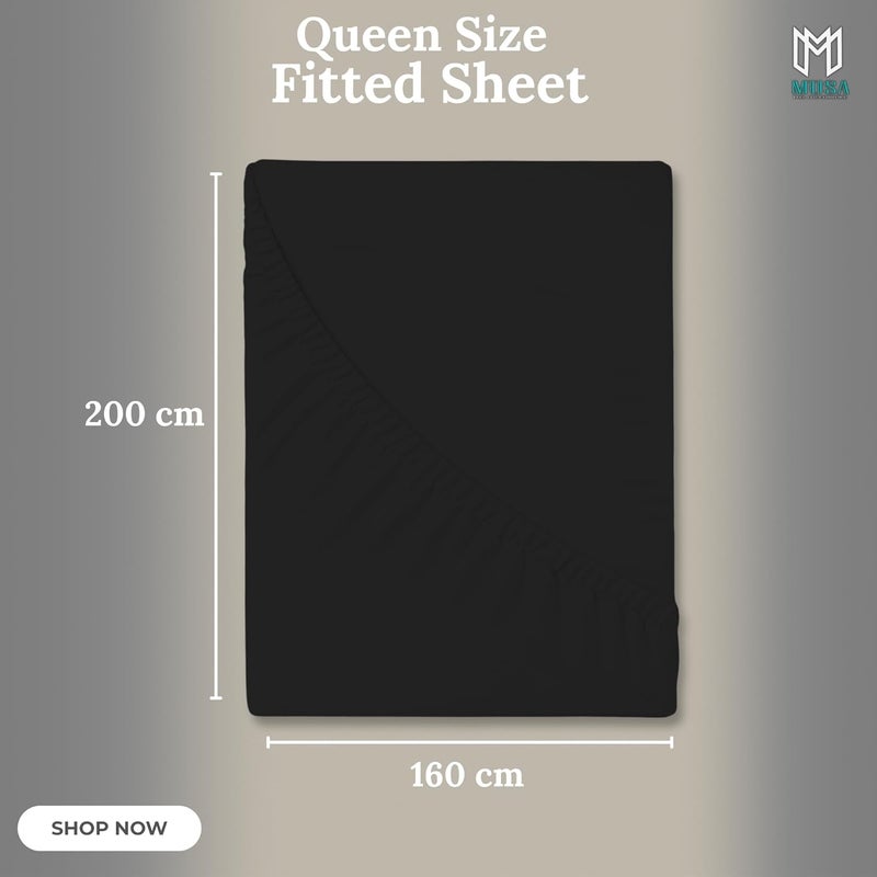 MUSA MUSA® Deep Pockets Fitted Sheet with 100% Cotton TC Luxury Bedding Set & Wrinkle-Free for Bedrooms, Dorms & Home Decor | Elastic Closure For Deep Mattress & Secure Fit (Black, 160 x 200cm) - Image 2