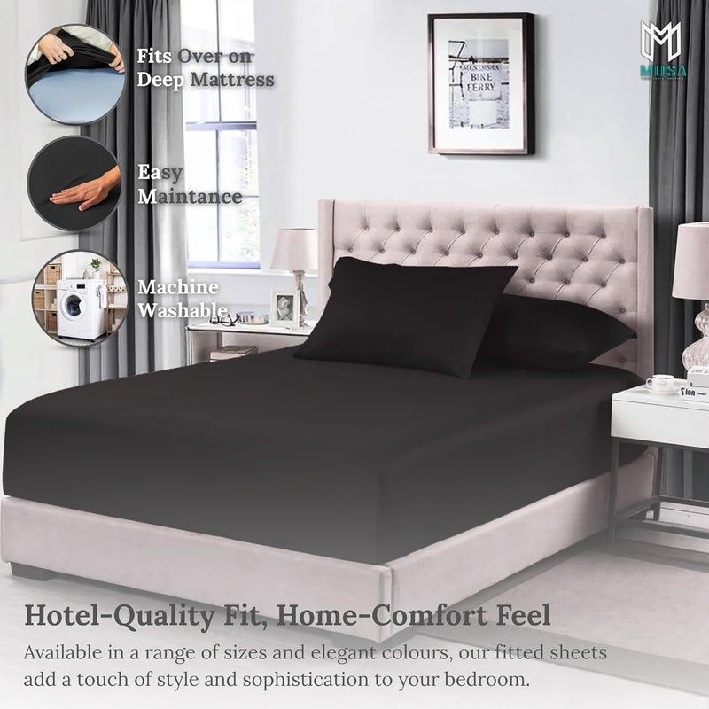 MUSA MUSA® Deep Pockets Fitted Sheet with 100% Cotton TC Luxury Bedding Set & Wrinkle-Free for Bedrooms, Dorms & Home Decor | Elastic Closure For Deep Mattress & Secure Fit (Black, 160 x 200cm) - Image 5