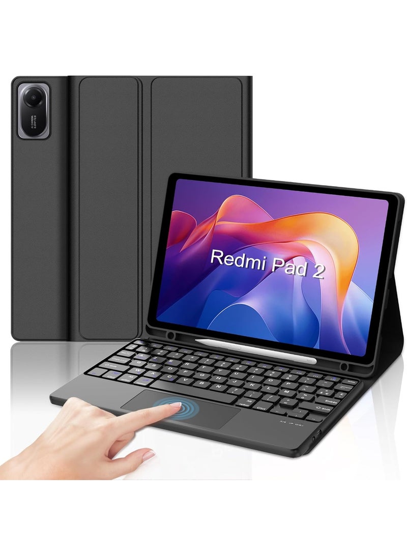 فكرة جراب Fekra مع كيبورد مزود بتراكباد مخصص لساعة Redmi Pad 2 مقاس 11 بوصة (2025)، مزود بغطاء حماية مع لوحة مفاتيح بلوتوث بتخطيط فرنسي AZERTY قابلة للفصل ومغناطيسية، باللون الأسود، ويأتي مع لوحة تتبع (Touchpad) لتحكم أسهل وتجربة استخدام شبيهة باللابتوب مع دعم الحماية الكاملة وسهولة التنقل والكتابة. - Image 1