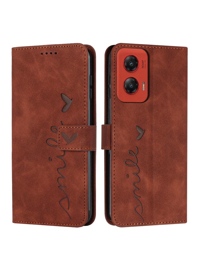 For Motorola Moto G Stylus 5G 2024 Skin Feel Heart Embossed Leather Phone Case with Long Lanyard(Brown)