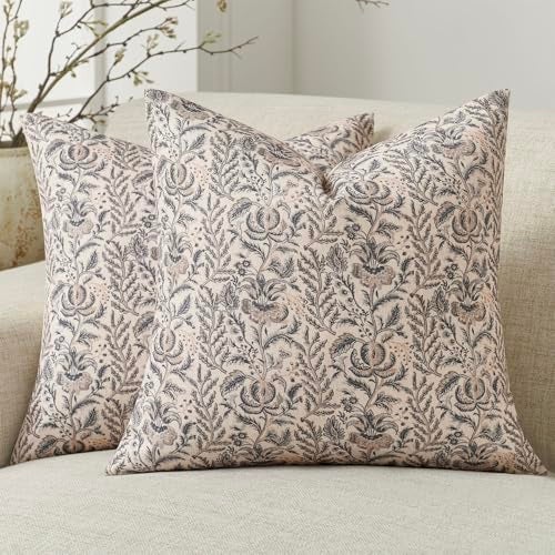Amor Virisso Floral Pillow Covers 18x18 Set of 2 Vintage Block Print Pillow Covers Neutral Floral Striped Farmhouse Accent Decorative Pillow Covers for Sofa Bed Yellow - Image 1