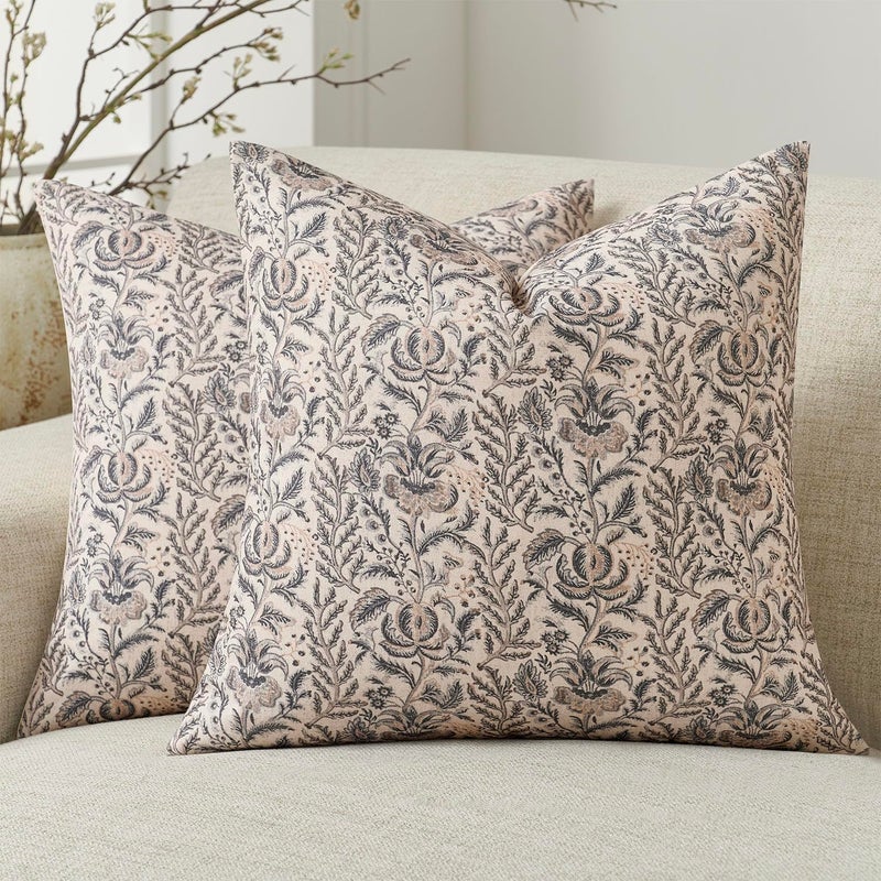 Amor Virisso Floral Pillow Covers 18x18 Set of 2 Vintage Block Print Pillow Covers Neutral Floral Striped Farmhouse Accent Decorative Pillow Covers for Sofa Bed Yellow - Image 2