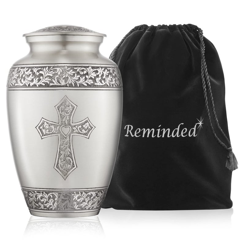 Reminded Adult Cremation Memorial Urn for Human Ashes Pewter Etched Cross Funeral Urn with Velvet Bag