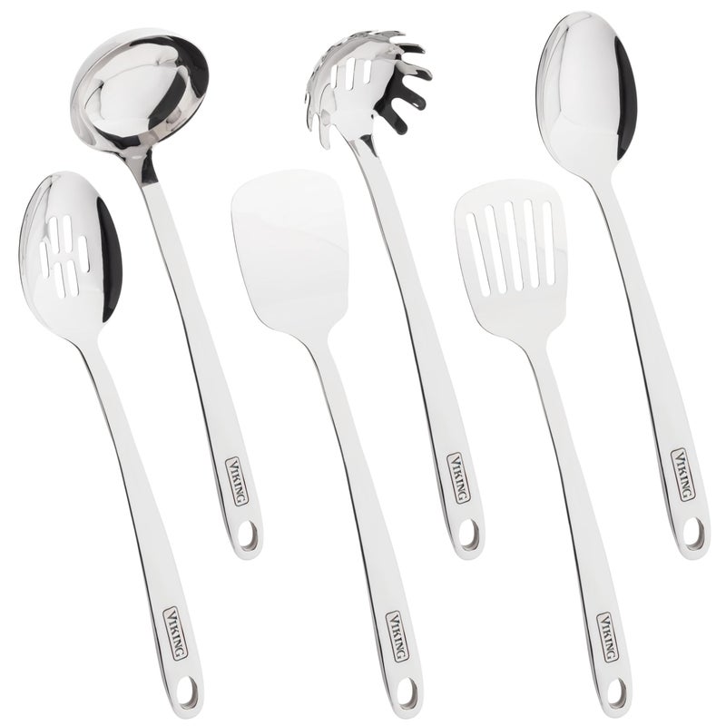 Viking Kitchen Utensils Set, 6 Piece Stainless Steel Cooking Utensil Set, Includes Spatulas, Spoons, Pasta Fork, and Deep Ladle, Hollow Forged, Silver - Image 1