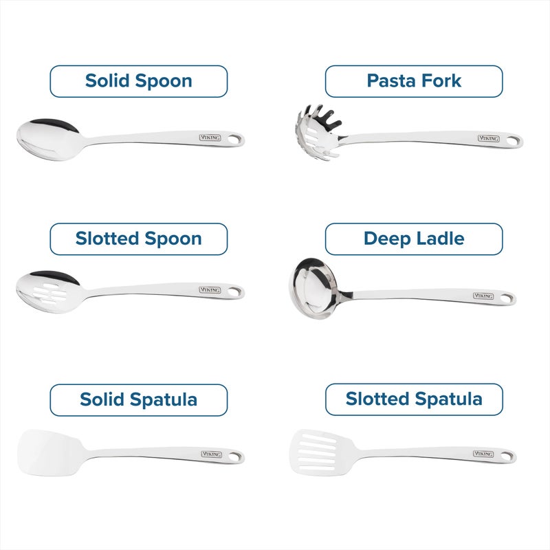 Viking Kitchen Utensils Set, 6 Piece Stainless Steel Cooking Utensil Set, Includes Spatulas, Spoons, Pasta Fork, and Deep Ladle, Hollow Forged, Silver - Image 5