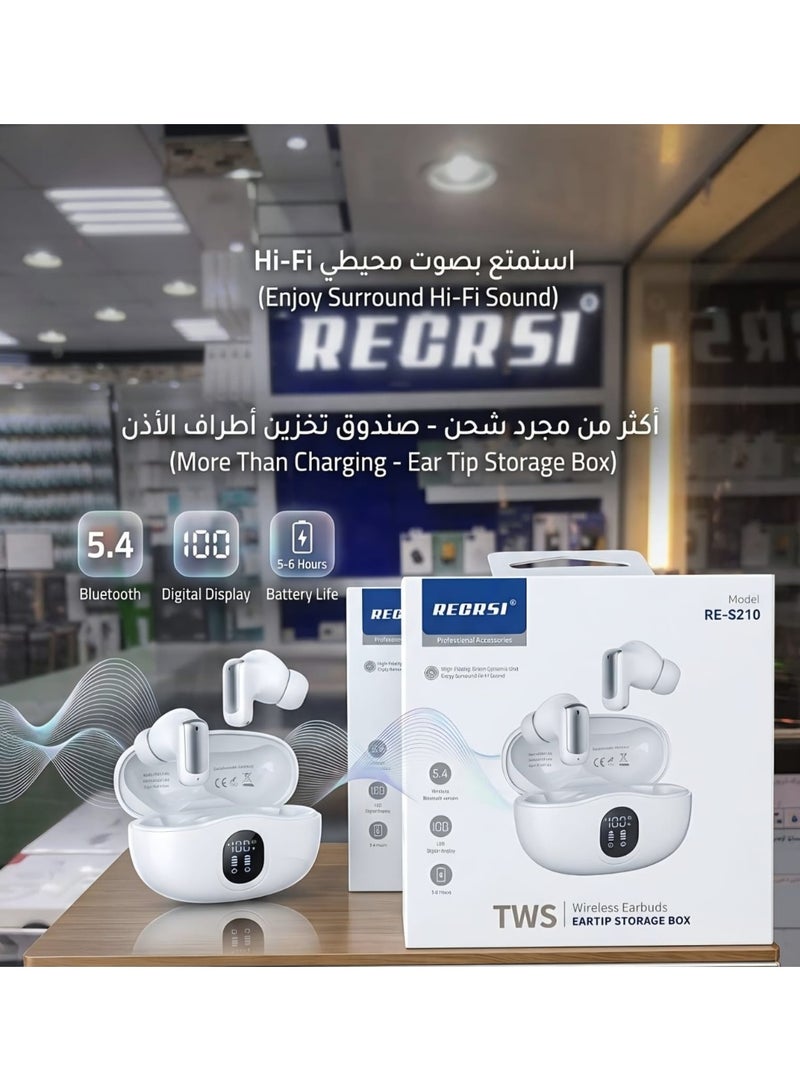 سماعة بلوتوث RECRSI RE-S210 لاسلكية TWS - شاشة رقمية LED لنسبة الشحن - صوت Hi-Fi محيطي - بلوتوث 5.4 - مع صندوق تخزين أطراف الأذن