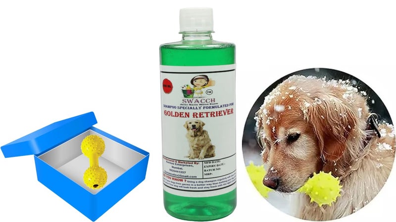 swacch Golden Retriever Dog Shampoo + Dumbbell Toy I Durable Rubber Dog Toy for Chewing I Playing,Teeth Cleaning & Training Toy I Combo Pack I 500ml Neem Alovera - Image 1