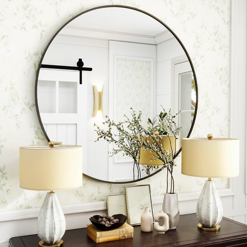 VooBang Black Round Bathroom Mirror, 30 inch Circle Wall Mounted Hanging Mirror with Simple Modern Circular Metal Frame for Hallway, Entryway, Living Room, Black Frame - Image 5