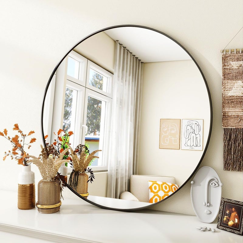 VooBang Black Round Bathroom Mirror, 30 inch Circle Wall Mounted Hanging Mirror with Simple Modern Circular Metal Frame for Hallway, Entryway, Living Room, Black Frame - Image 2