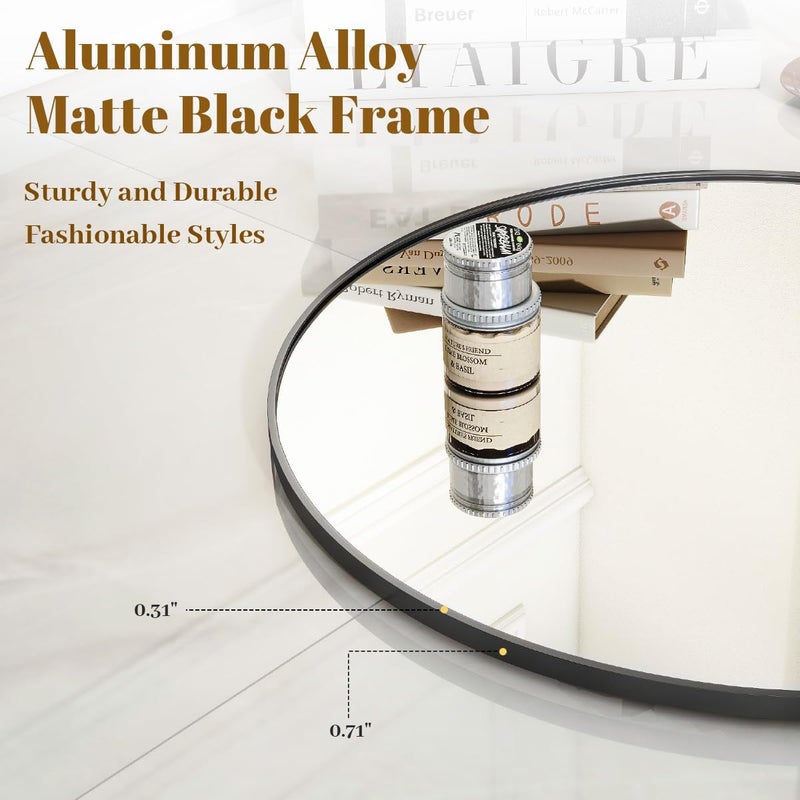 VooBang Black Round Bathroom Mirror, 30 inch Circle Wall Mounted Hanging Mirror with Simple Modern Circular Metal Frame for Hallway, Entryway, Living Room, Black Frame - Image 3
