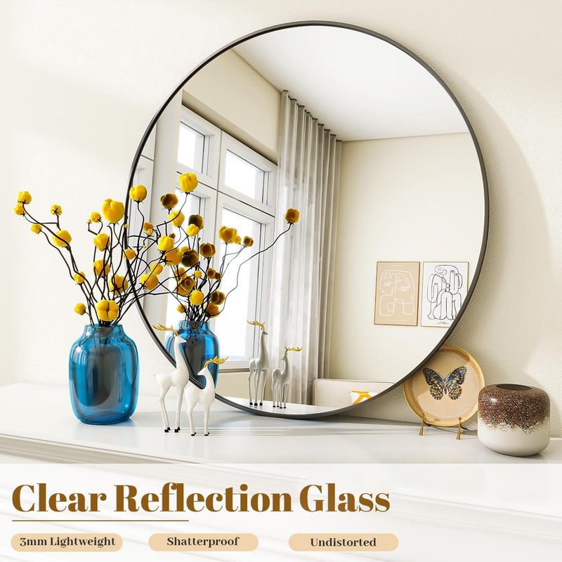 VooBang Black Round Bathroom Mirror, 30 inch Circle Wall Mounted Hanging Mirror with Simple Modern Circular Metal Frame for Hallway, Entryway, Living Room, Black Frame - Image 4