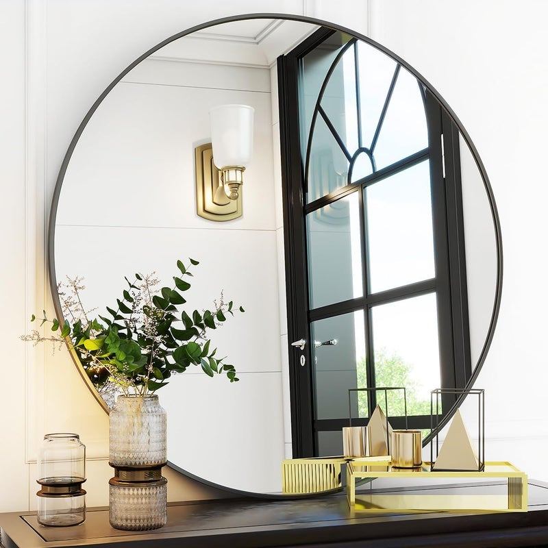 VooBang Black Round Bathroom Mirror, 30 inch Circle Wall Mounted Hanging Mirror with Simple Modern Circular Metal Frame for Hallway, Entryway, Living Room, Black Frame - Image 1
