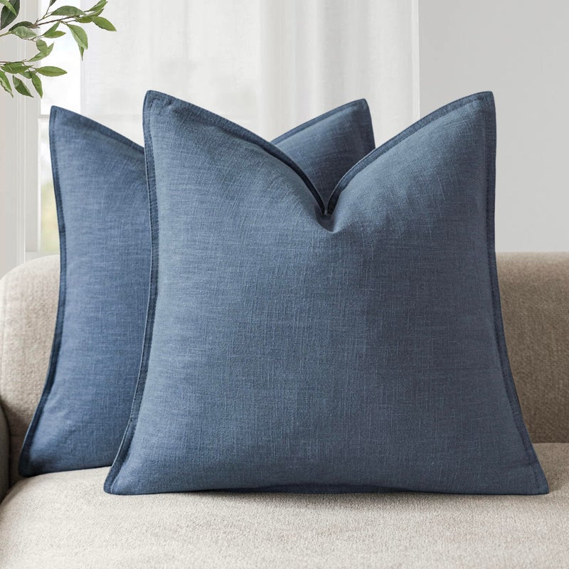 Foindtower Pack of 2 Decorative Linen Soild Throw Pillow Covers Soft Accent Euro Cushion Case Farmhouse Neutral Pillowcase for Chair Couch Sofa Bedroom Living Room Home Decor 24 x 24 Inch Dark Blue - Image 2