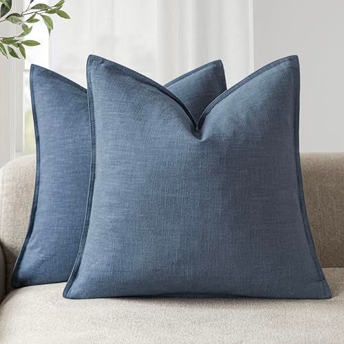 Foindtower Pack of 2 Decorative Linen Soild Throw Pillow Covers Soft Accent Euro Cushion Case Farmhouse Neutral Pillowcase for Chair Couch Sofa Bedroom Living Room Home Decor 24 x 24 Inch Dark Blue - Image 1