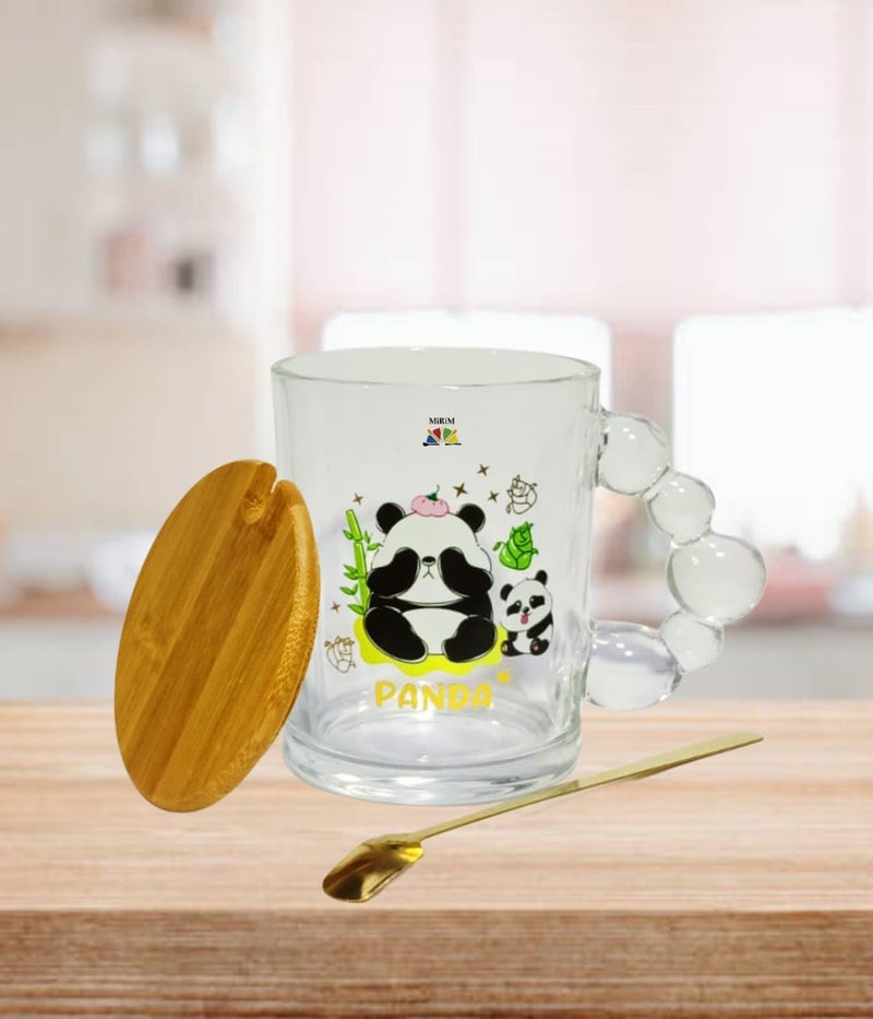 MiRiM Cute Baby Panda Printed Transparent Glass CoffeeMilk Mugwith Bamboo lid Spoon 335ml Set of 1 - Image 1