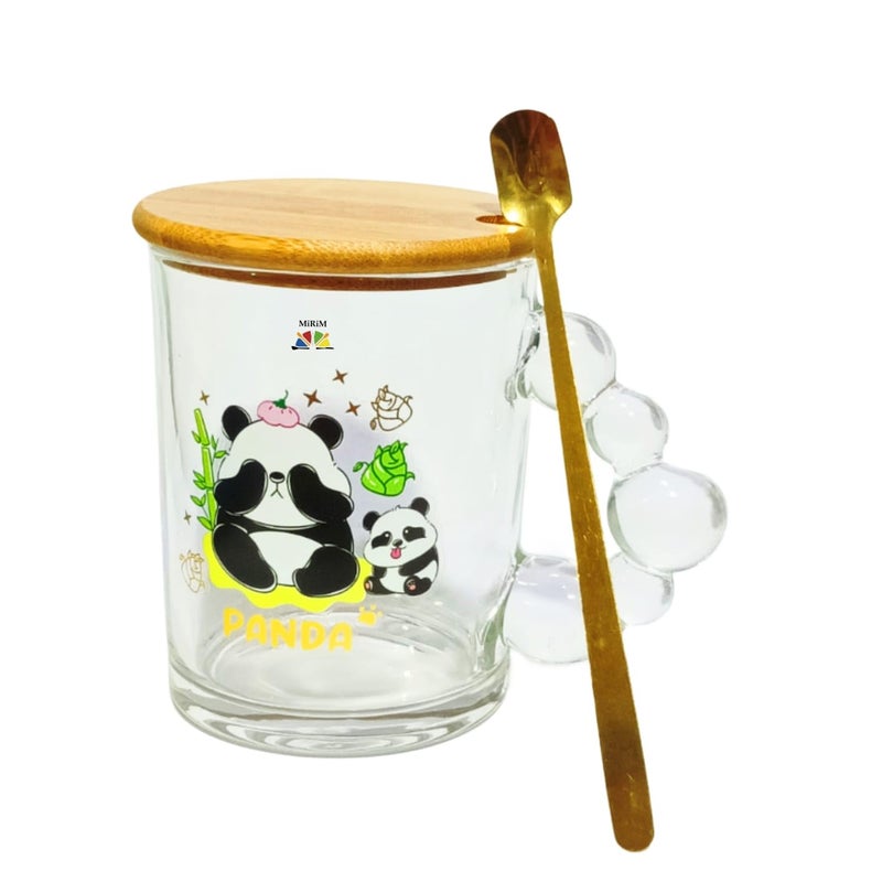 MiRiM Cute Baby Panda Printed Transparent Glass CoffeeMilk Mugwith Bamboo lid Spoon 335ml Set of 1 - Image 2