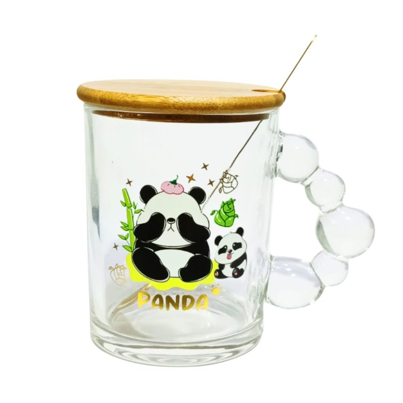 MiRiM Cute Baby Panda Printed Transparent Glass CoffeeMilk Mugwith Bamboo lid Spoon 335ml Set of 1 - Image 3