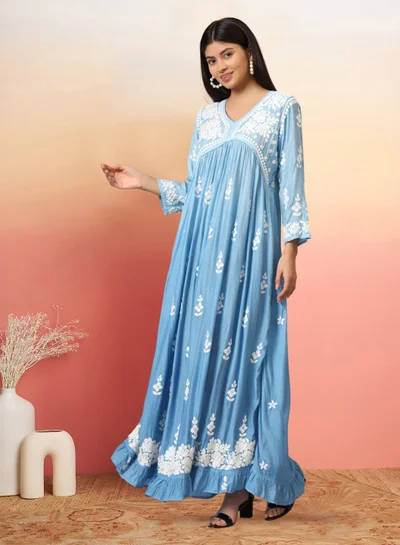Alaya Hand Embroidered Chikankari A-Line Gathering Pattern Muslin Jalabiya-AL4002