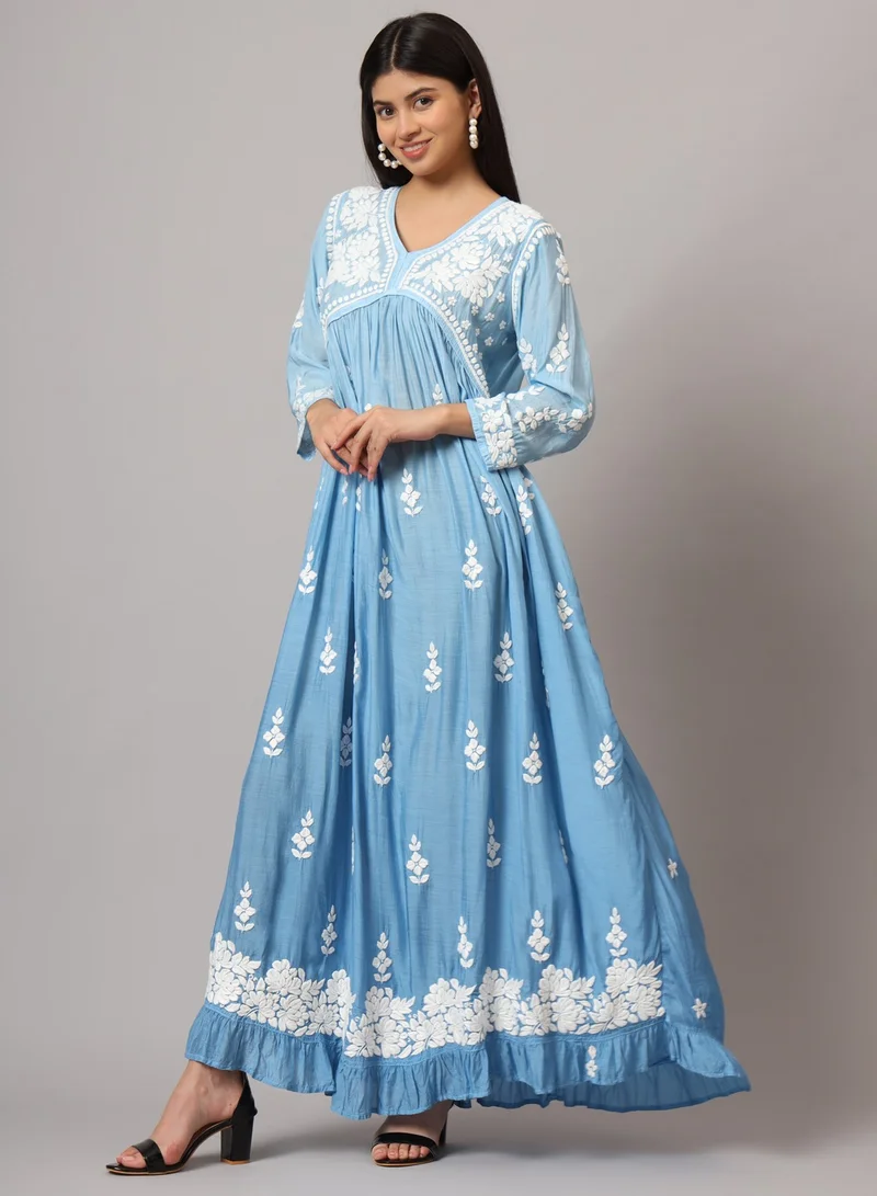 Alaya Hand Embroidered Chikankari A-Line Gathering Pattern Muslin Jalabiya-AL4002