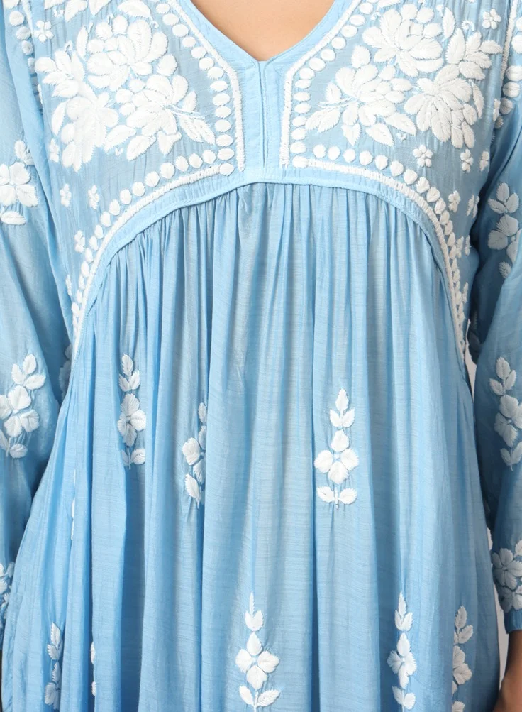 Alaya Hand Embroidered Chikankari A-Line Gathering Pattern Muslin Jalabiya-AL4002