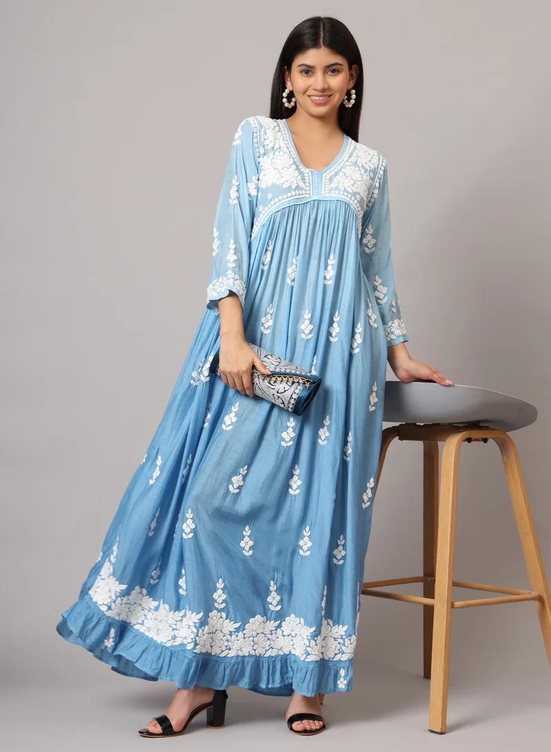 Alaya Hand Embroidered Chikankari A-Line Gathering Pattern Muslin Jalabiya-AL4002