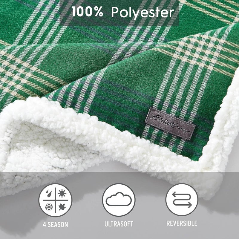 Eddie Bauer - Throw Blanket, Cotton Flannel Home Decor, All Season Reversible Sherpa Bedding (Union Bay Green, Throw) - Image 4