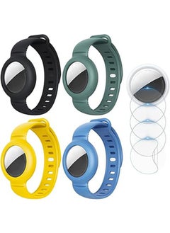 AirTag Bracelet for Kids, 4 Pack Silicone Watch Bands + 4 Pack Anti-Scratch Films for Kids Toddler Baby Children Elders, Colorful Waterproof Wristband Compatible with Apple AirTag 2021