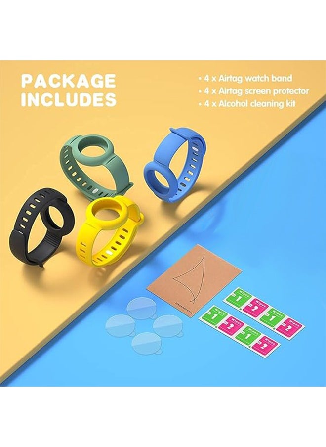 Arabest - AirTag Bracelet for Kids, 4 Pack Silicone Watch Bands + 4 Pack Anti-Scratch Films for Kids Toddler Baby Children Elders, Colorful Waterproof Wristband Compatible with Apple AirTag 2021 - Image 1
